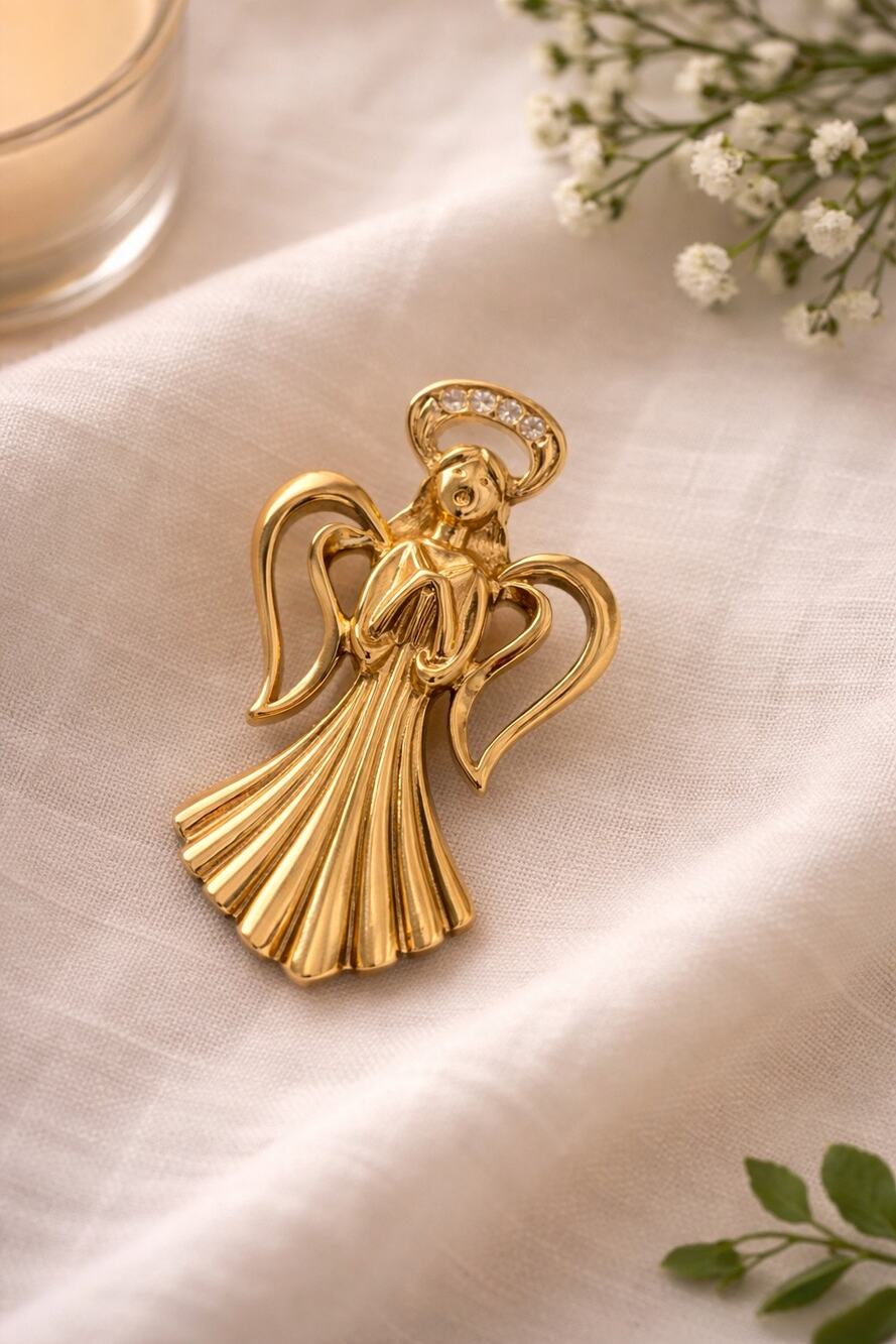 Gold Tone Angel Brooch Pin Rhinestone Halo Vintage Style Guardian Angel Gift
